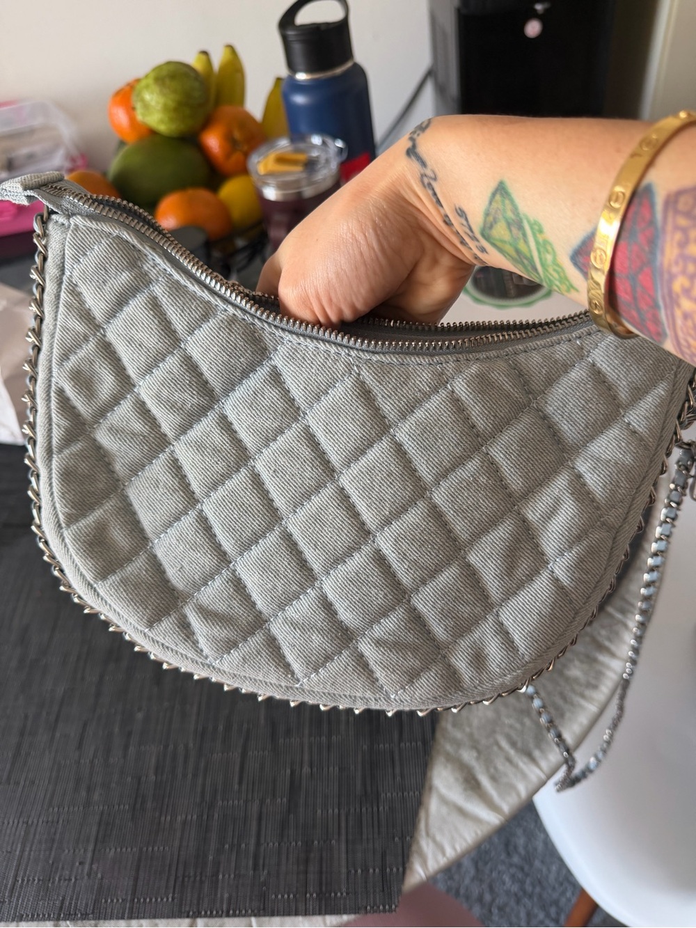 Quilted Crescent Shoulder Bag in Light Gray